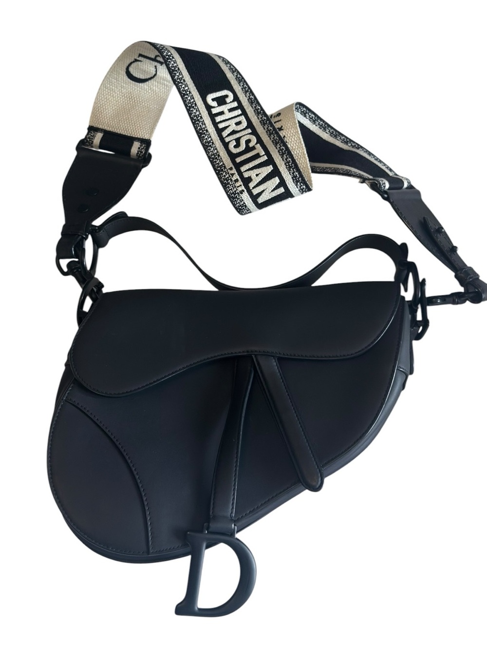 Christian Dior Black Ultra Matte Saddle Bag + Dior Guitar Strap